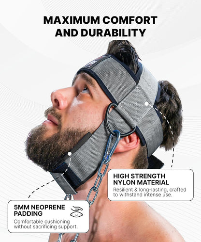 DMoose Fitness Neck Harness for Weight Lifting - Soft Padded Head & Chin Strap with 30" Heavy Duty Steel Chain - Neck Exerciser, Trainer & Strengthener to Support Injury Recovery and Intense Workouts