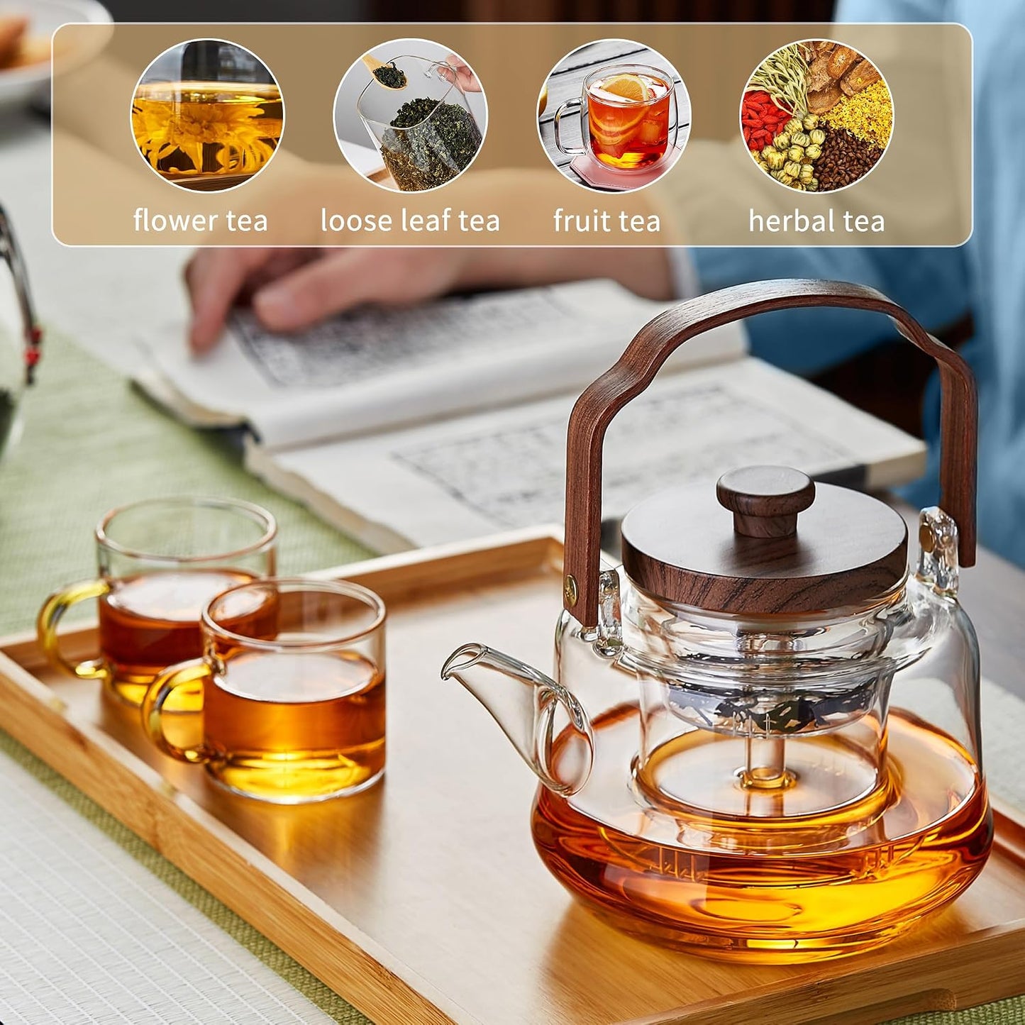 Glass Teapot with 2 Infusers, Heat Borosilicate Glass, Stovetop Safe Tea Kettle, Glass Tea Pot with Infuser and Lid for Loose Tea, 1090ml/36.9oz