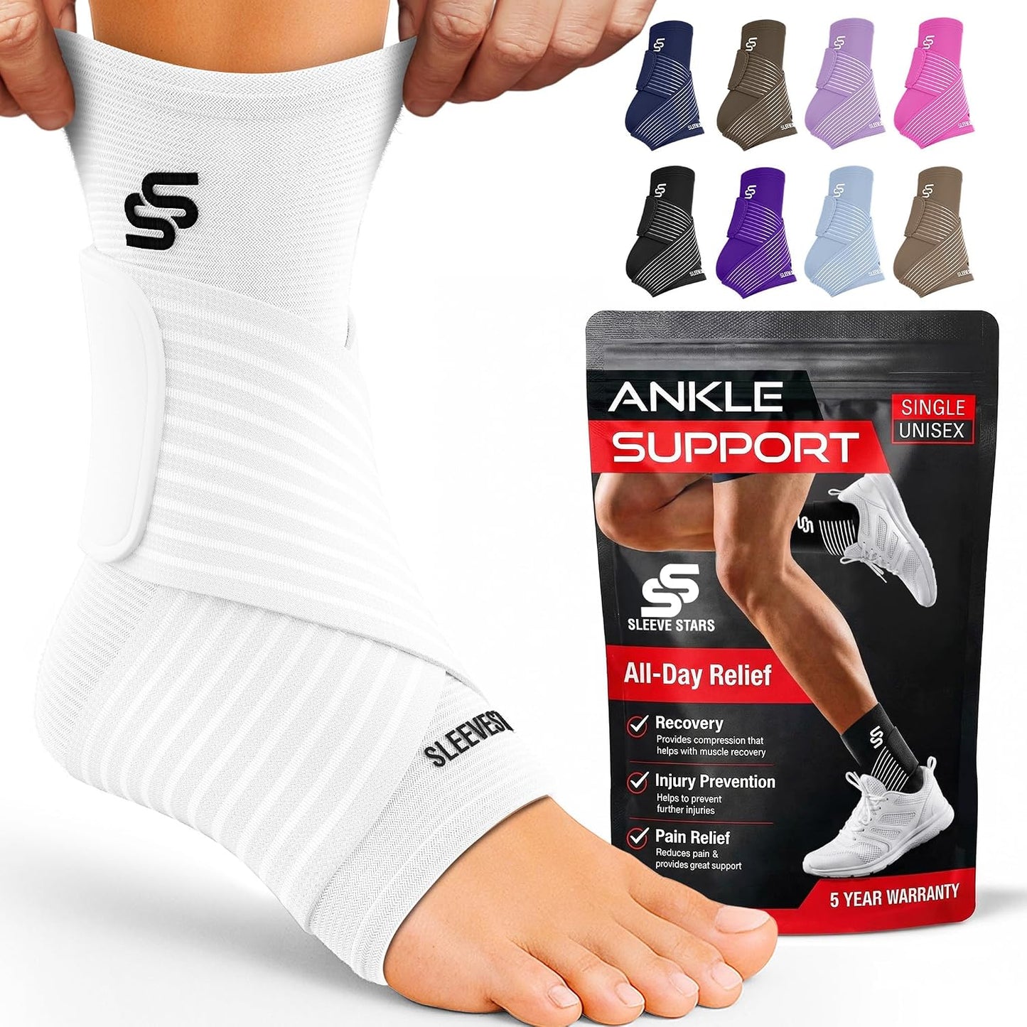 Sleeve Stars Ankle Brace for Women & Men, Ankle Wrap for Sprain, Compression Sleeve for Plantar Fasciitis Relief, Easy Customizable Support: w/ Removable Strap (Single/M:10"-12"/Black)