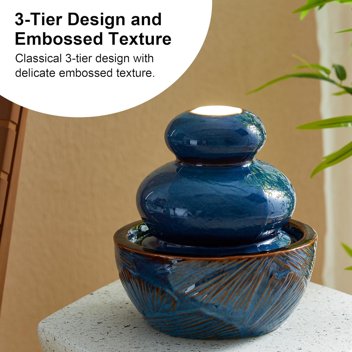 Glitzhome Ceramic Tabletop Tiered Water Fountain with Pump and LED Light 8.75'' Turquoise Leaf Textured Water Fountain Zen Decor for Indoor and Home Decoration Table Desk Office Patio
