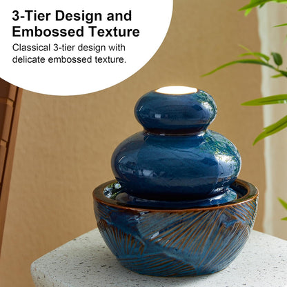 Glitzhome Ceramic Tabletop Tiered Water Fountain with Pump and LED Light 8.75'' Turquoise Leaf Textured Water Fountain Zen Decor for Indoor and Home Decoration Table Desk Office Patio
