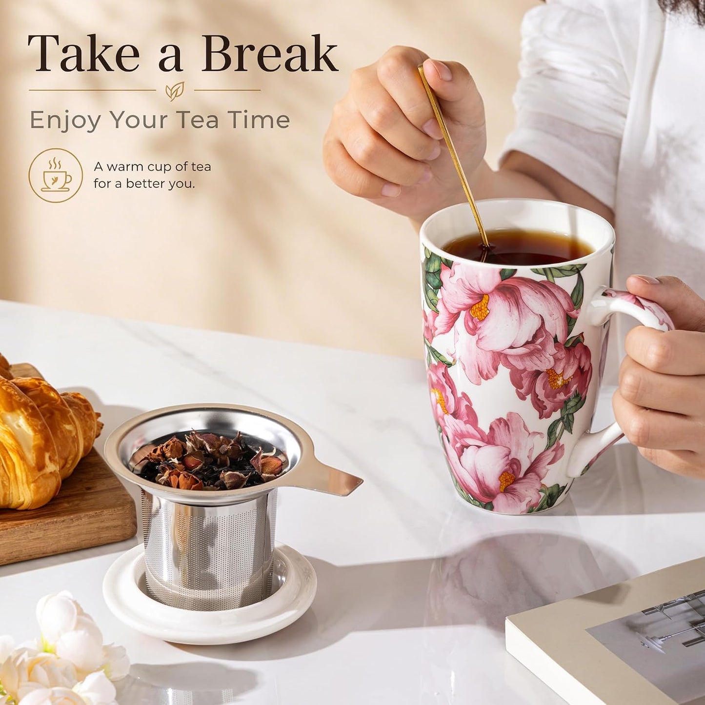 AmorArc 18oz Porcelain Tea Mug with Infuser & Lid, Loose Leaf Tea Cup with Stainless Steel Strainer, Large Coffee Mug Gift for Women, Tea Lovers, Home & Office