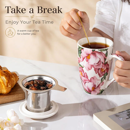 AmorArc 18oz Porcelain Tea Mug with Infuser & Lid, Loose Leaf Tea Cup with Stainless Steel Strainer, Large Coffee Mug Gift for Women, Tea Lovers, Home & Office