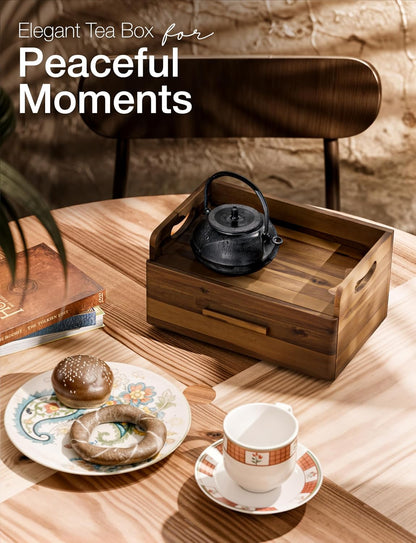 TINAMO Acacia Wooden Tea Box Organizer with Drawer for Tea & Coffee Storage