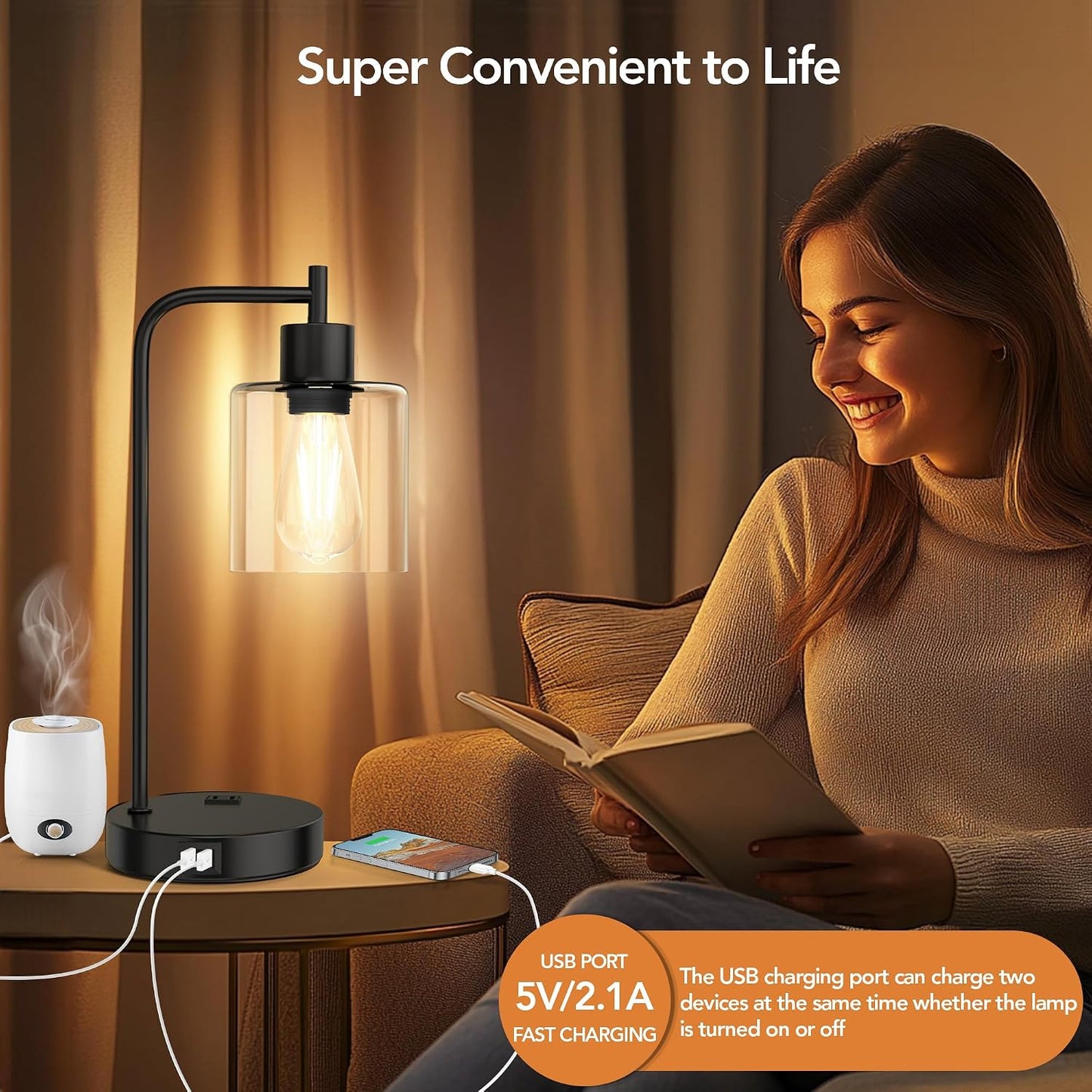QiMH Industrial Table Lamp for Bedroom Set of 2, Green Glass Beside Lamp with USB A&C Ports, Stepless Dimmable Gold Lamps, Nightstand Lamps for Living Room, Office, Home Decor(Bulb Included)