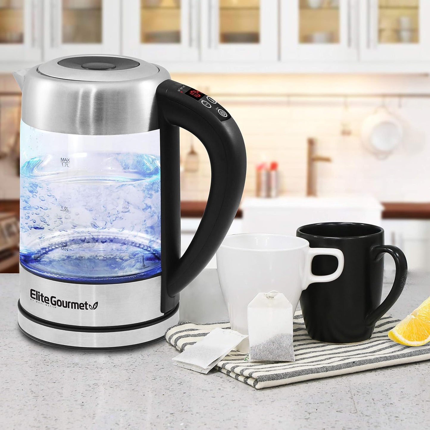 Elite Gourmet EKT5051 1.7L Electric Water Kettle, BPA-Free, Fast Boil, Auto Shut-Off, Boil-dry Protection, 360° Swivel Base with Cordless Serving, Clear-view Window with Water Level Markings, Black
