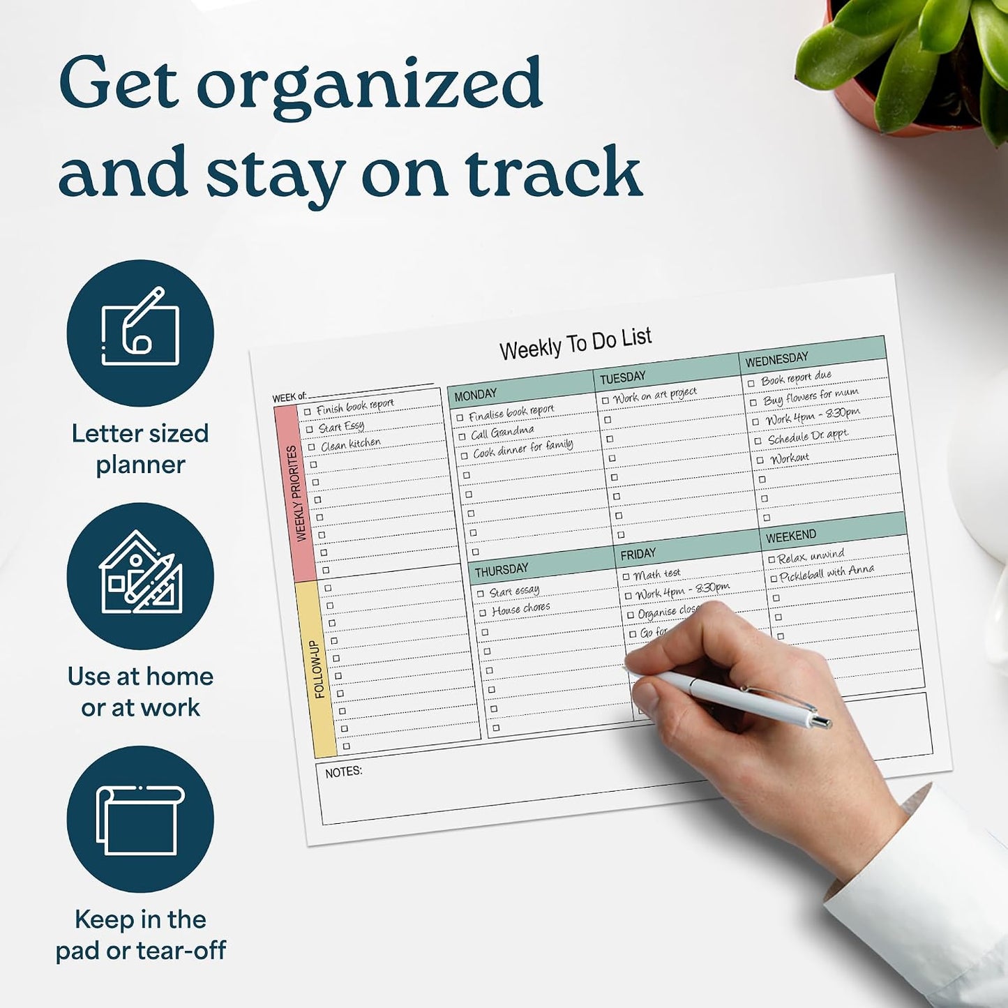 Large Weekly Planning Pad and Matching Notepad, 52 Letter Size Tear-Off Sheets, 8.5” x 11” Undated Weekly Desk Planner Pad, Daily Schedule, Daily To Do List, Notes, Goals For Work and Home