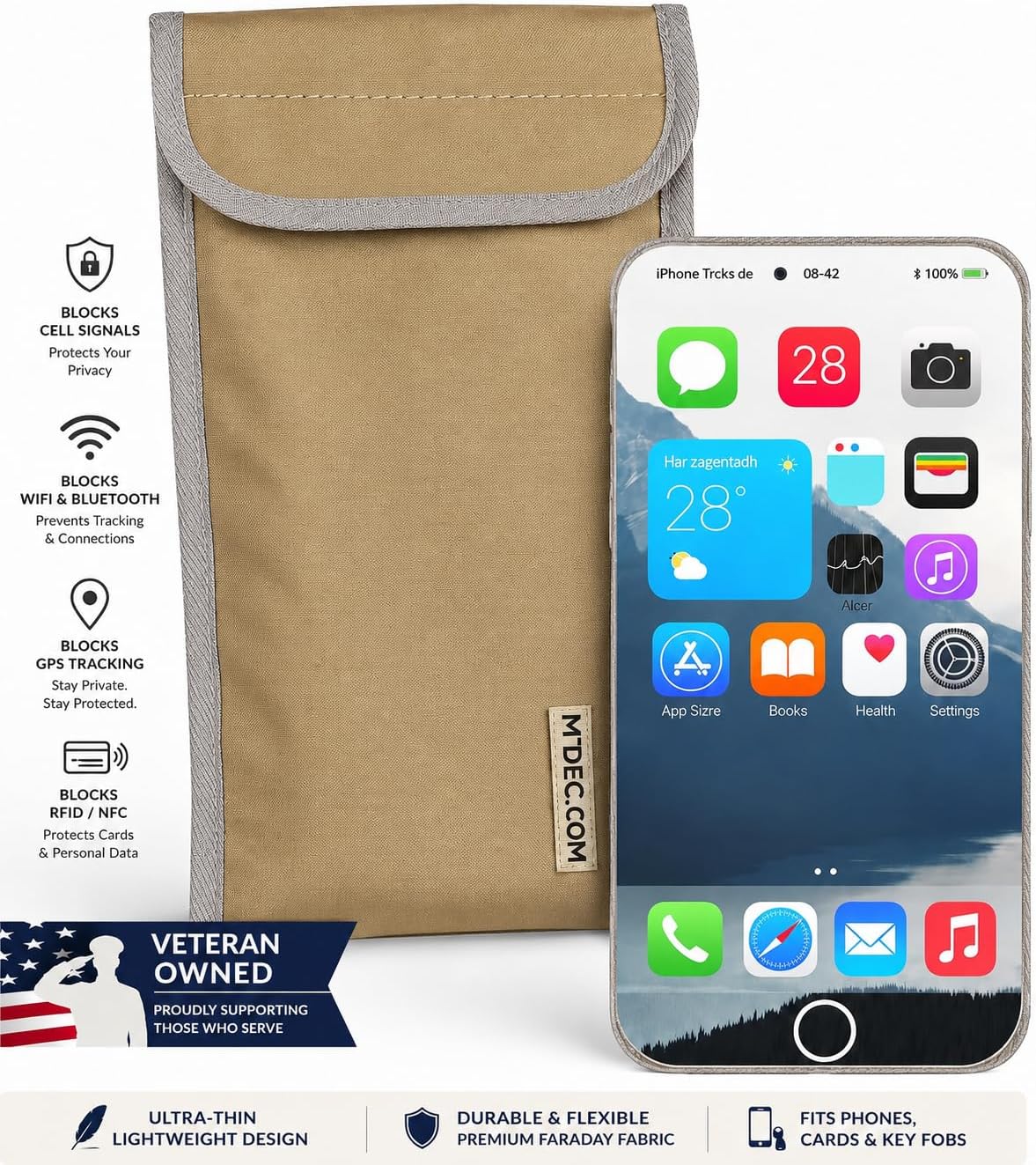 Faraday Phone Pouch Signal Blocking RFID/Cell/WiFi/GPS Shielding Bag Anti-Tracking Privacy Case for Smartphones & Key Fobs Dual-Layer RF Isolation with Ripstop Exterior Tan