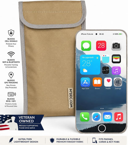 Faraday Phone Pouch Signal Blocking RFID/Cell/WiFi/GPS Shielding Bag Anti-Tracking Privacy Case for Smartphones & Key Fobs Dual-Layer RF Isolation with Ripstop Exterior Tan