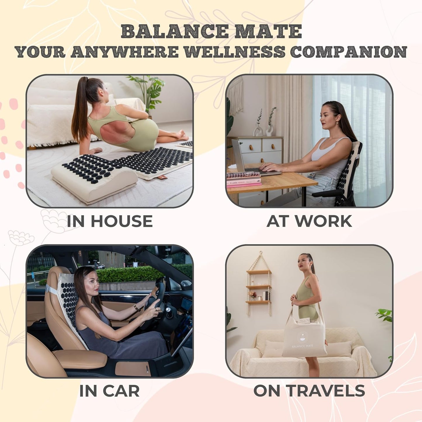 BalanceMate® Acupressure Mat Set with 6,210 Pressure Points for Pain Relief and Relaxation Kit for Back, Neck, and Sleep – Yoga and Meditation Pillow (Soft Cream)