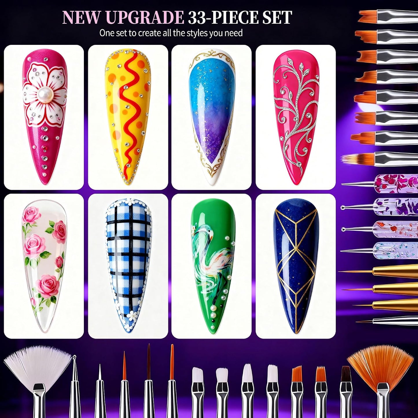 Artdone 31pcs Nail Art Brushes, Nail Art Tool Set, Dotting Tools, Dust Brush,Striping Brushes for Long Lines, Drawing Pen For Gel Polish Design supply
