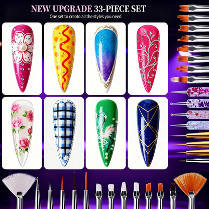 Artdone 31pcs Nail Art Brushes, Nail Art Tool Set, Dotting Tools, Dust Brush,Striping Brushes for Long Lines, Drawing Pen For Gel Polish Design supply