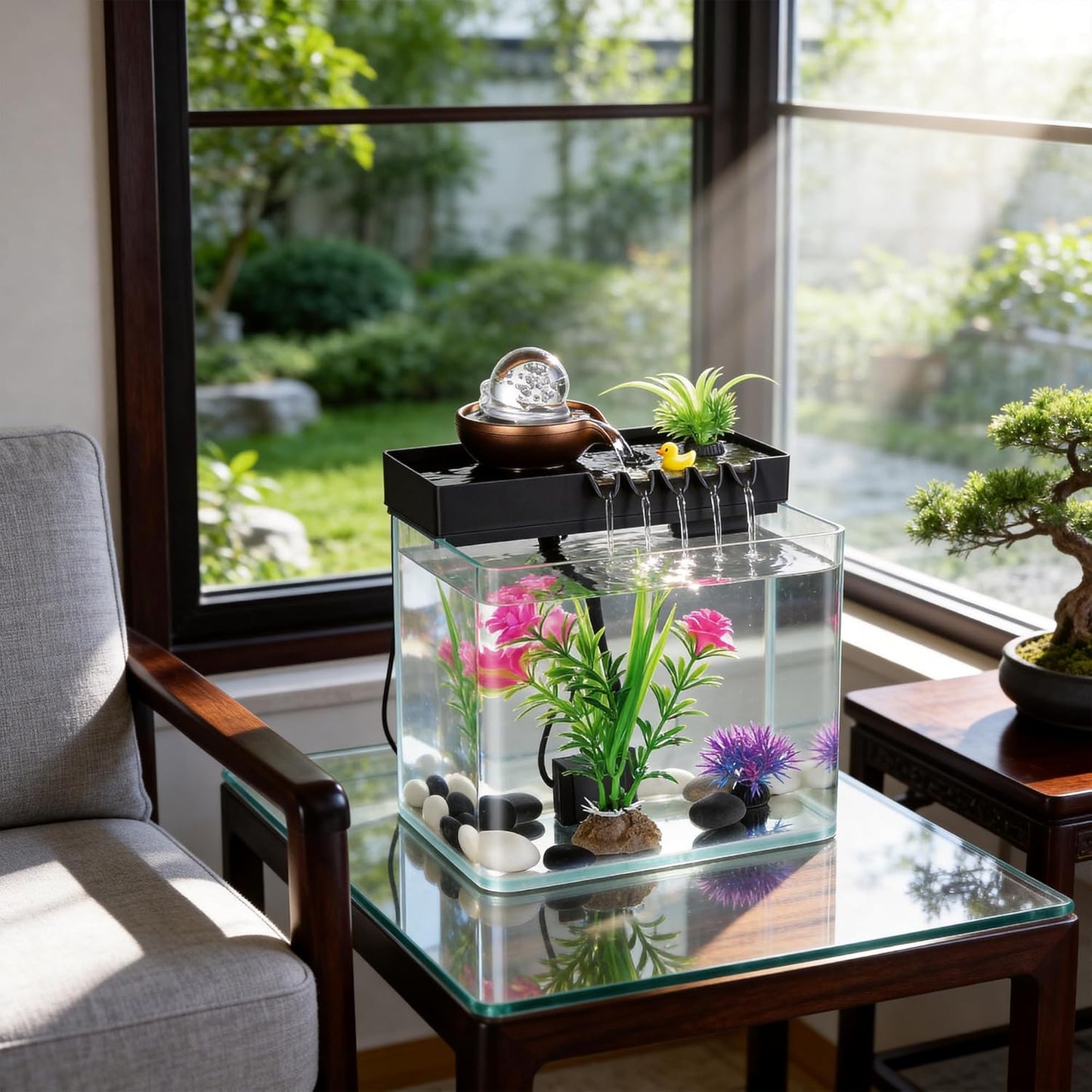 Indoor Water Fountain, 5-in-1 Tabletop Waterfall with Fish Tank & Mist Spray Humidifier, Desktop Fountain for Office Decor, Relaxing Small Water Feature for Bedroom Living Room Home