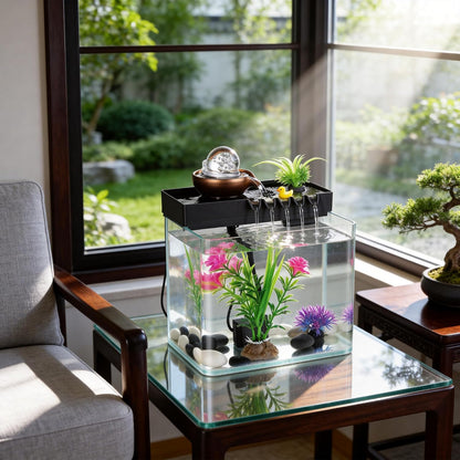 Indoor Water Fountain, 5-in-1 Tabletop Waterfall with Fish Tank & Mist Spray Humidifier, Desktop Fountain for Office Decor, Relaxing Small Water Feature for Bedroom Living Room Home