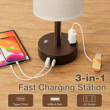 Touch Bedside Table Lamp with Memory - Stepless Dimmable Lamp for Bedroom, Small Nightstand Lamp with Dual USB Charging Ports and AC Outlet, Wood Night Light, Desk Lamp for Nursery, Living Room, Dorm