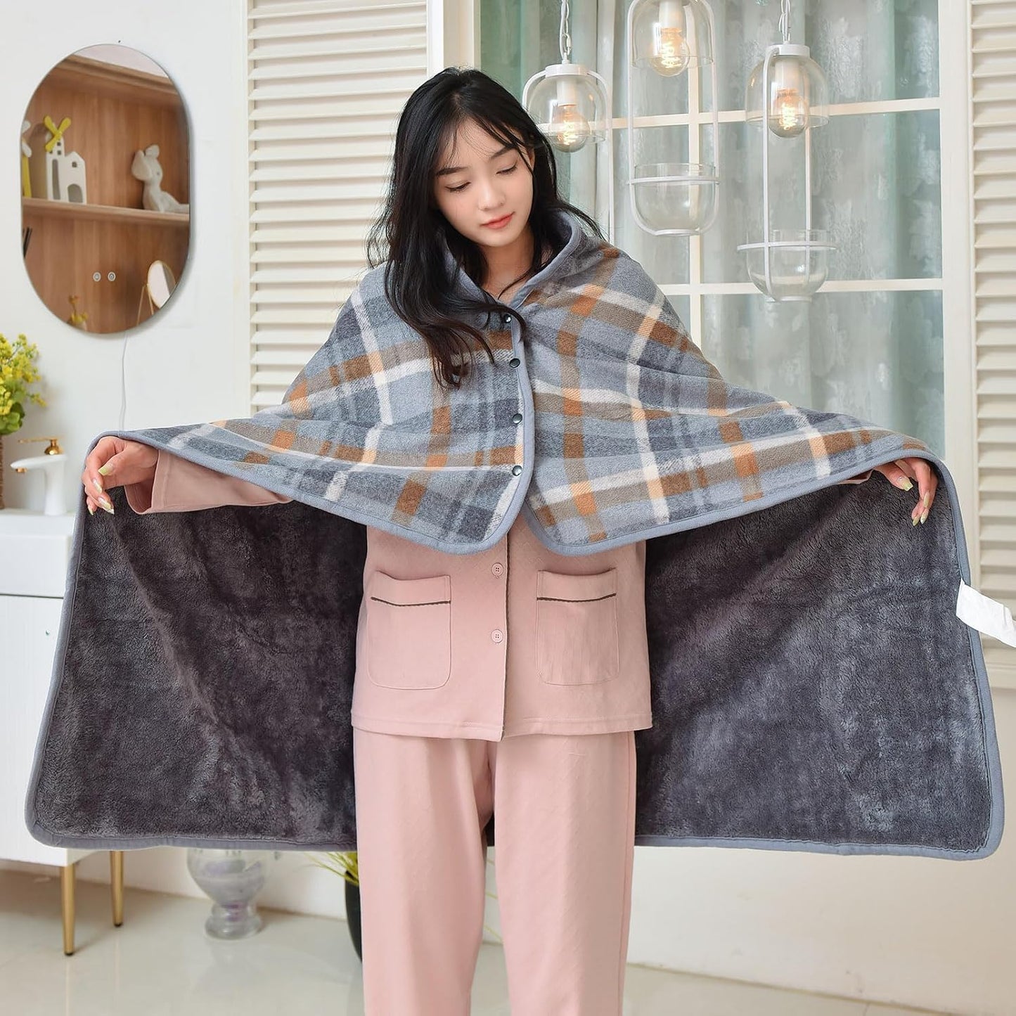 forestfish Fleece Wearable Blanket, Plaid Lap Blanket Comfy Poncho Throw with Buttons for Bed Sofa Office, Grey-White