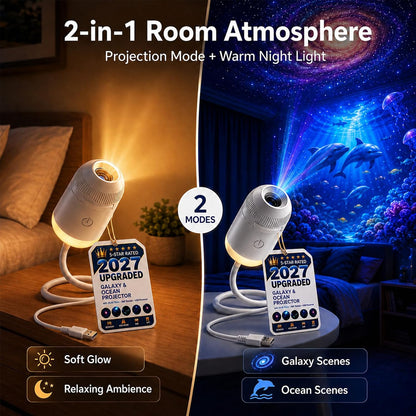 2027 New Hd Smart Dynamic 5d Holographic Night Light Projector, Plug and Play Hd Star Projector, 360° Adjustable Hd Galaxy and Ocean Projector for Bedroom Ceiling (24 Projection Films)