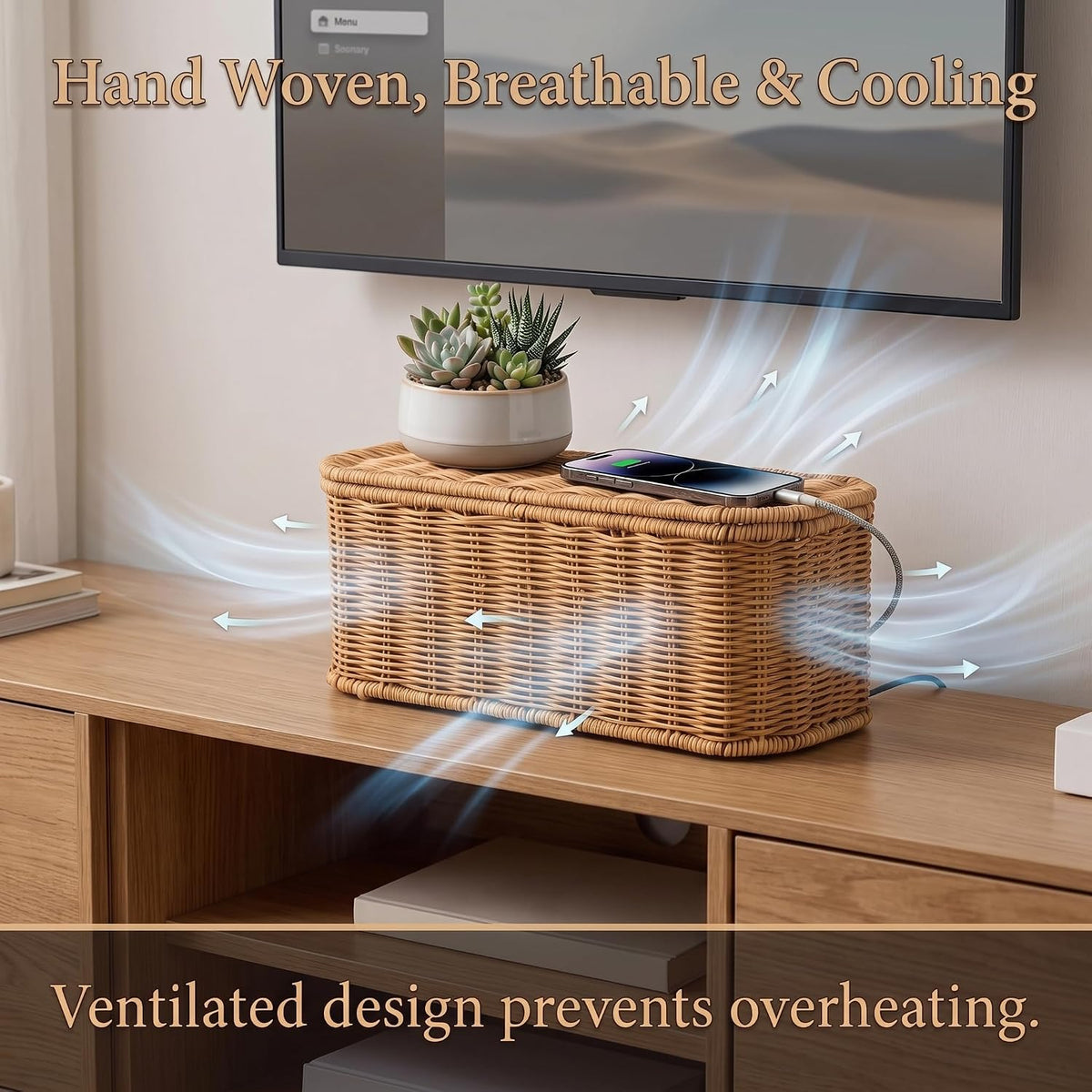 Rattan Cable Management Box, Cord Organizer to Hide Cords & Power Strip