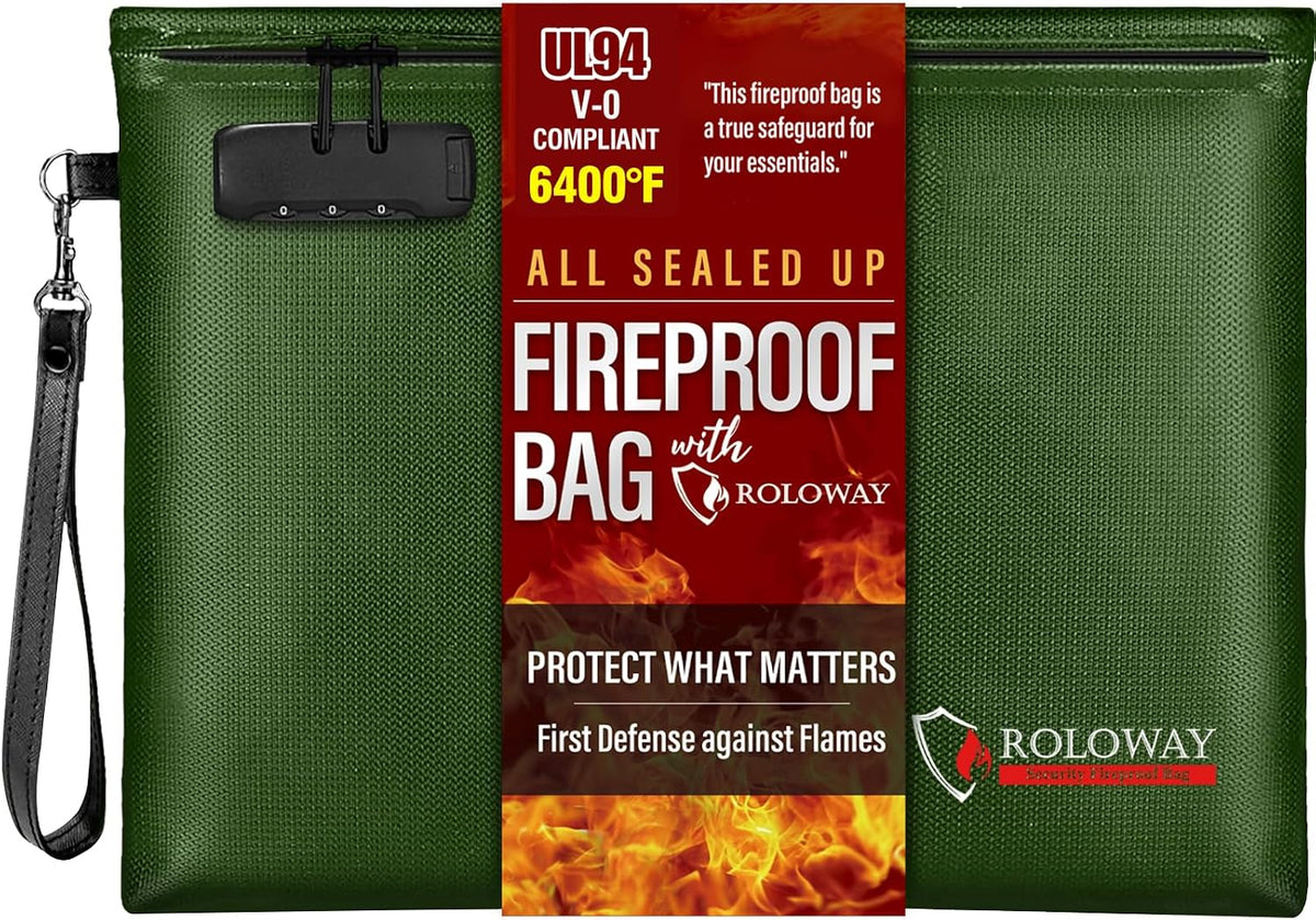 ROLOWAY Fireproof Document Bag (14.5 x 11.5 inch), 6400℉ Fireproof Money Bag with Zipper for Cash, Fire Safe Money Pouch with Lock (Black)