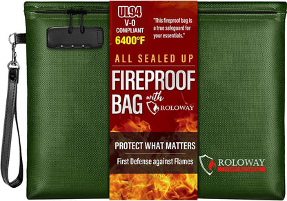ROLOWAY Fireproof Document Bag (14.5 x 11.5 inch), 6400℉ Fireproof Money Bag with Zipper for Cash, Fire Safe Money Pouch with Lock (Black)