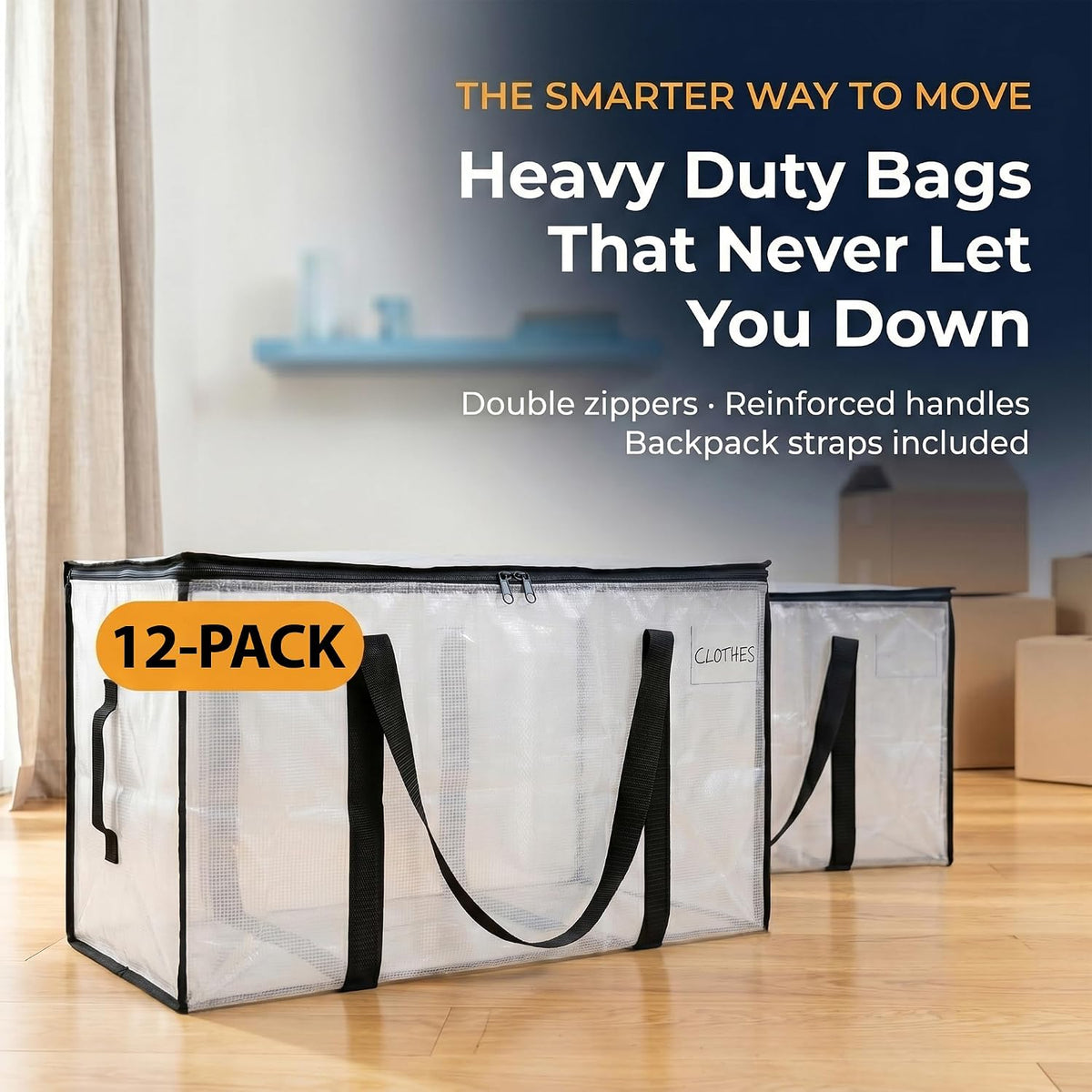 ClearSpace Heavy Duty Moving Bags - Water Resistant Storage Bags with Backpack Straps, Zippers and Handles - Large Moving Boxes for College Dorm, Travel, Closet Organization -, Clear