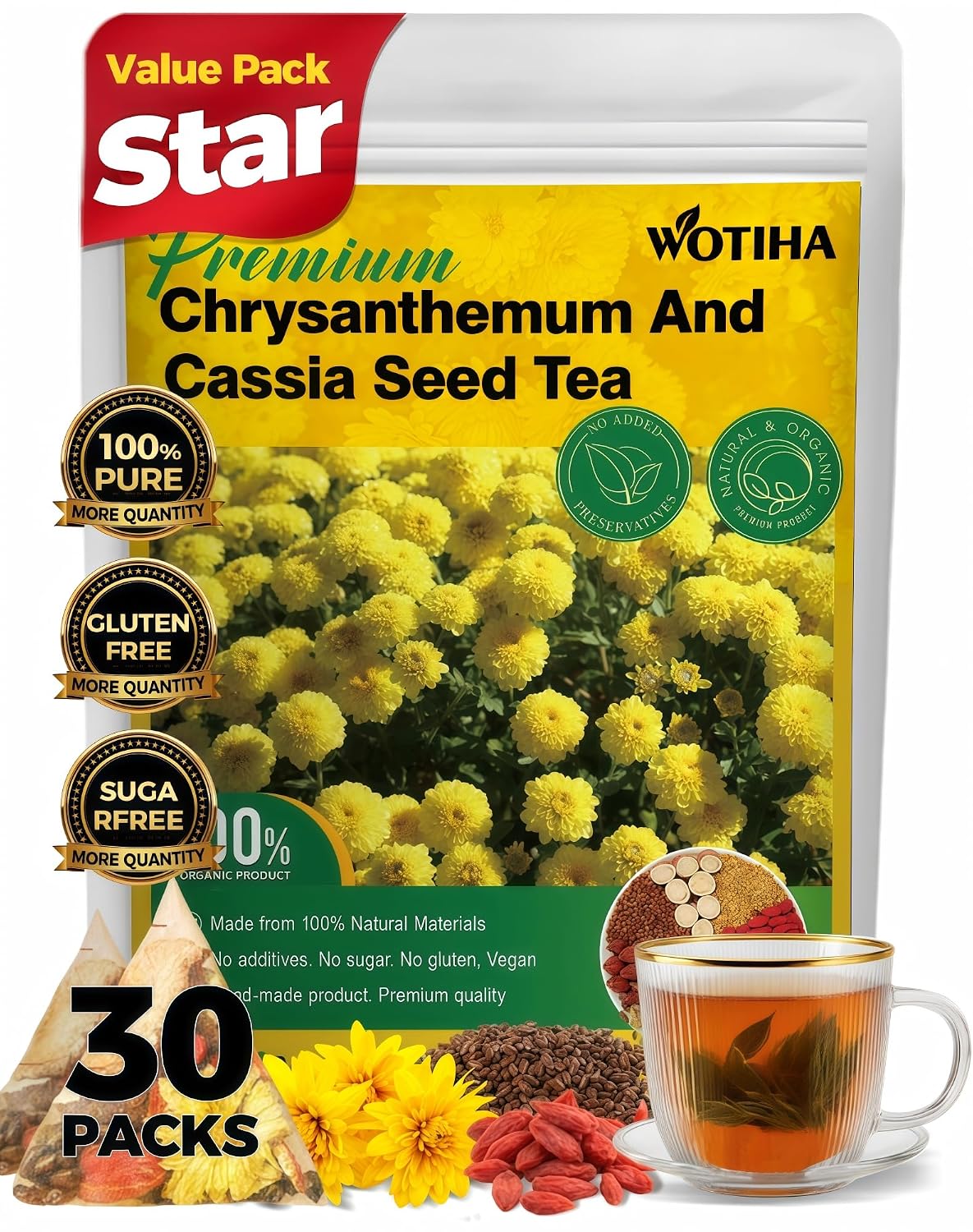 WOTIHA 60 Count Premium Lemon Balm Tea Bags - 100% Pure Natural Leaves, Lemony Citrusy Flavor, Supports Calming & Digestion, Caffeine-Free, Additive-Free, Sugar-Free, Vegan Non-GMO