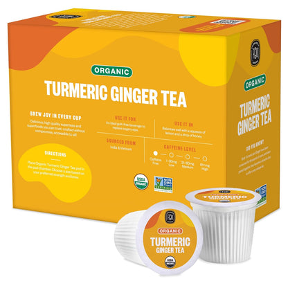 Organic Turmeric Ginger Tea K-Cup Pods, 24 Pods by FGO - Compatible with Keurig - Naturally Caffeine-Free Herbal Tea, Premium Green Tea is USDA Organic, Non-GMO, & Recyclable