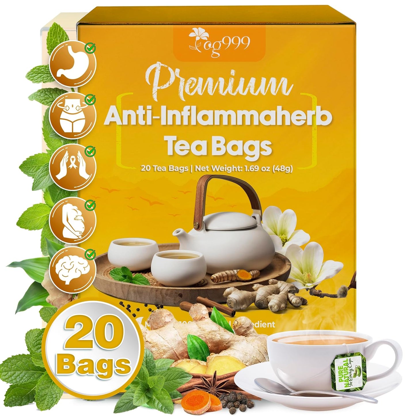 120 Bags Premium Turmeric Ginger Cinnamon Tea, Improve Digestion, Support Brain, Weight, Skin and Sleep, Eco-Conscious Tea Bags and Premium Natural Ingredients. Turmeric Ginger Herbal Tea. No Sugar, No Caffeine, No Gluten, Vegan.