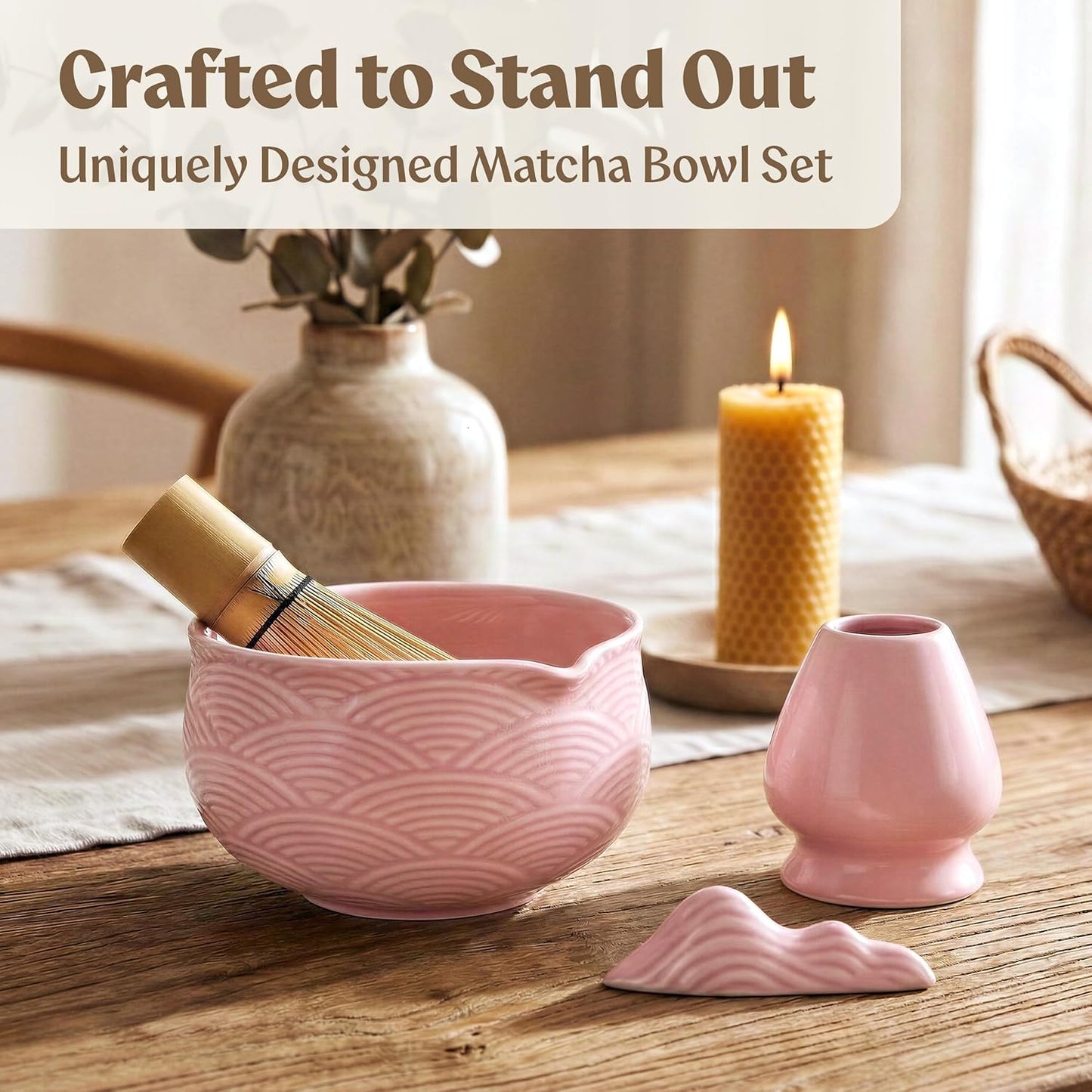 EDELHAUS Matcha Kit Whisk Set (7 Pcs) - Complete Matcha Set, Matcha Bowl with Spout, Whisk with Holder, Bamboo Scoop with Rest and Sifter, Perfect Kit for Matcha Lovers (Green Mist)