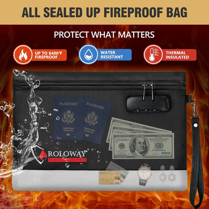 ROLOWAY Fireproof Money Bag with Lock for Cash, 6400°F Fire Proof Document Bag (12.2 x 8.5 x 1.6 inches), Money Pouch with Zipper (Pink)