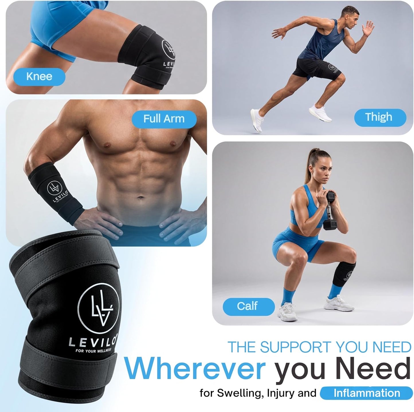 LEVILO Knee Ice Pack Wrap (with 2 Straps) – Ice Pack for Knee, 45-Min Long Cold Duration, Flexible When Frozen, Reusable Ice Packs for Injuries, Shoulder, Foot, Ankle, After Surgery