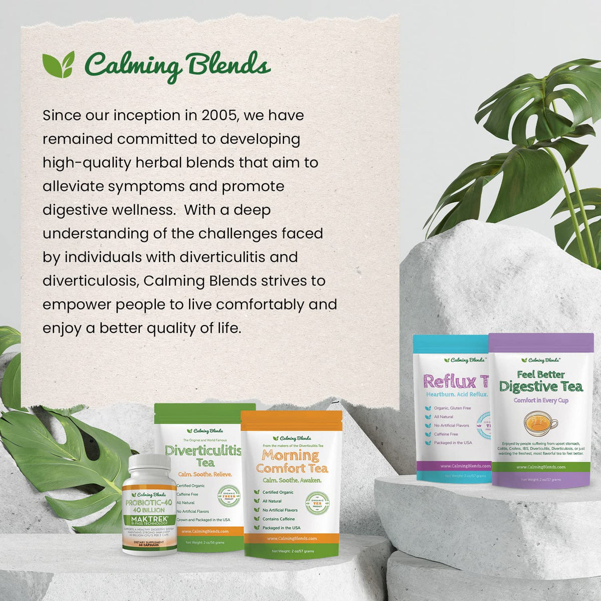 Calming Blends Diverticulitis Tea | Organic Loose Leaf Tea, Caffeine Free | 36 Cups | Made In USA