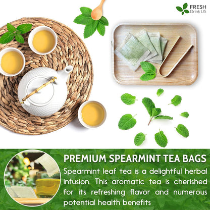 FreshDrinkUS, Premium 50 Spearmint Tea Bags, 100% Natural Spearmint Leaves. Loose Leaf Spearmint Herbal Tea. Spearmint Leaf Tea. No Sugar, No Caffeine, No Gluten, Vegan.