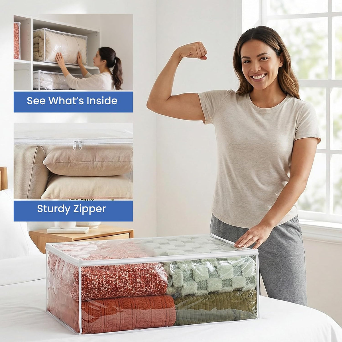 Handy Laundry Comforter Storage Bag – Large 90L Clear Zippered Organizer for Blankets, Bedding, Clothes & Pillows, Durable Plastic Storage for Closet, Moving, Under Bed – Dust & Moisture Protection
