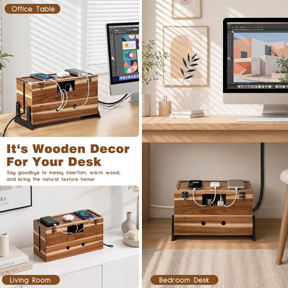 Extra Large Cable Management Box, 14.2-Inch Acacia Wood Cord Hider Box with Dual Locks and Magnetic Lid, Power Strip Cover and Cable Organizer for Desk, Floor, TV Wires and Home Office
