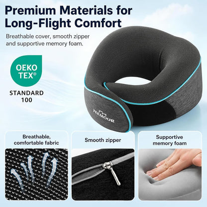 Travel Pillow Neck Pillow for Airplane Travel Essentials - Memory Foam Travel Neck Pillow, Stops Head Bobbing With Eye Mask & Earplugs, Portable Carry Bag for Long Flights| Airplane Accessories Black