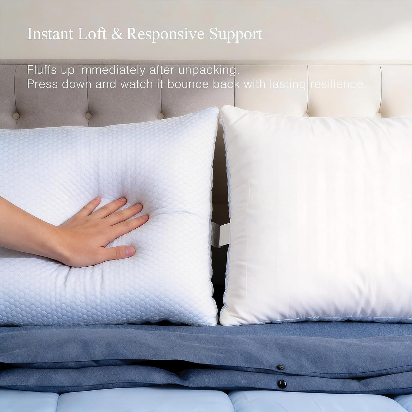 Blue Ridge Home Fashions Luxury Hotel Quality Cooling Pillows Queen Size Set of 2, Soft Touch Firm Support 500 Thread Count Damask Stripe Embroidered 100% Cotton Cover, Down Alternative