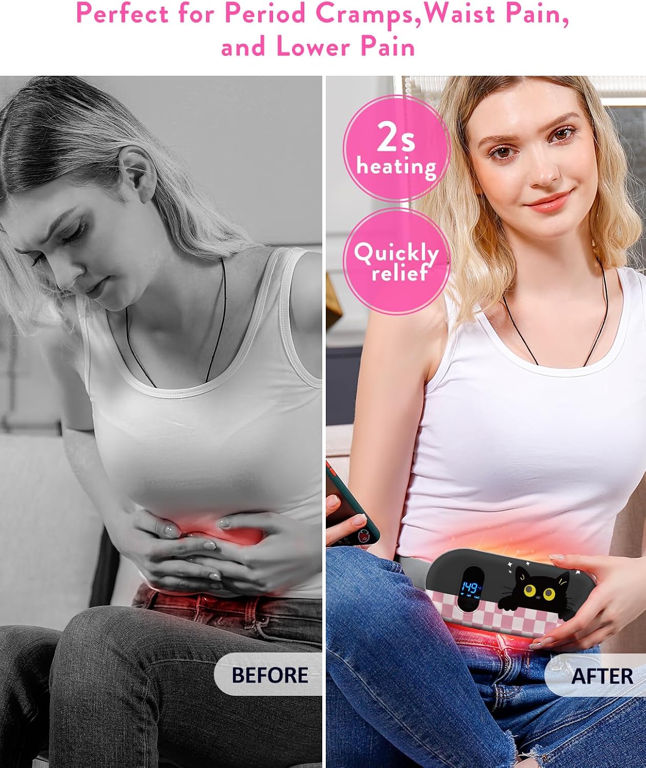 Electric Heating Pad, Portable Cordless Menstrual Heating Pad with 6 Heat Levels and 6 Massage Modes, Fast Large Heating Belly Wrap Belt for Cramps, Back Pain Relief Gifts for Women Girls Her