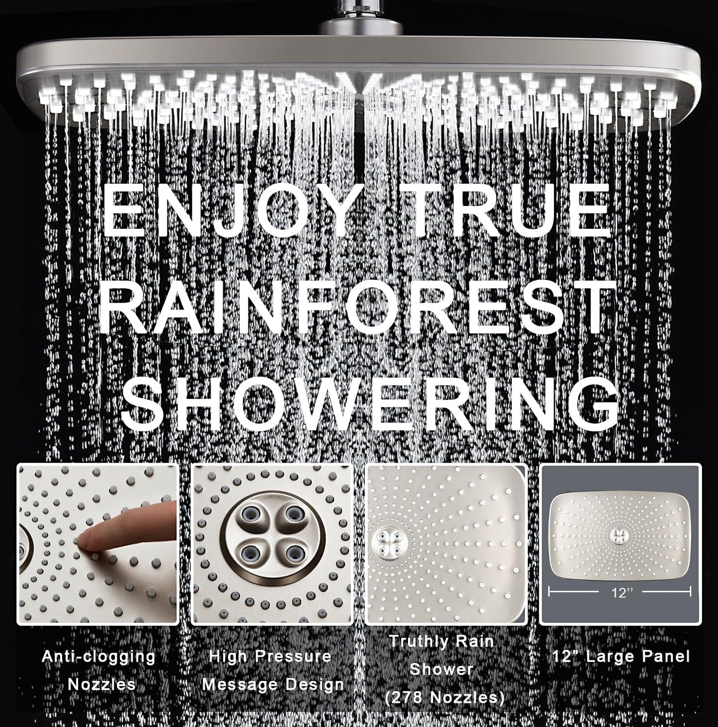 BOZYBO Rain Shower Head with Handheld: High Pressure Shower Heads with Handheld Spray Combo, 12" Rainfall Shower Head and 9 Sprays Hand Showerheads with Magnetic Docking and Power Jets, Black 1.75GPM
