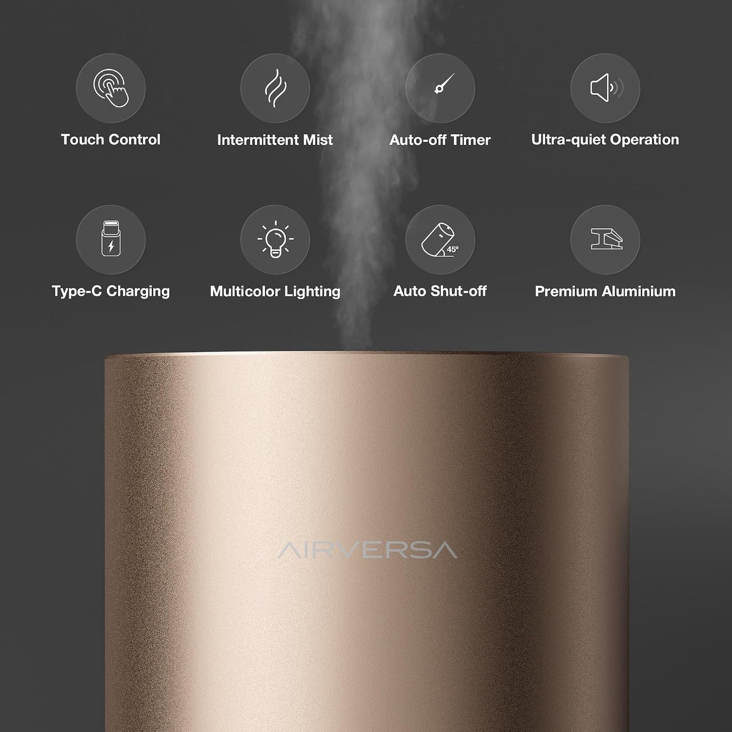 Airversa Waterless Essential Oil Diffuser for Home Room Desk Car Air Freshener Diffuser, Up to 600 sq ft, Battery Operated, Mist Level and Timer Settings, 100mL Capacity, Cold Air, RD1 Black