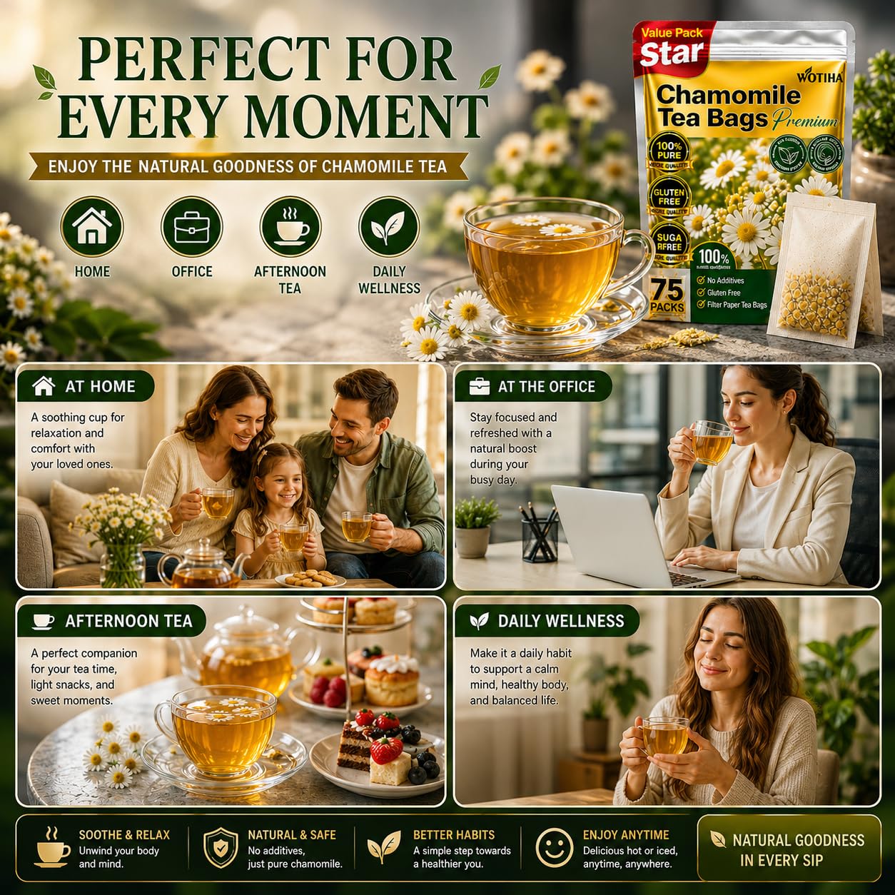 WOTIHA 75 Count Premium Chamomile Tea Bags - Pure Natural Chamomile Flowers, Supports Sleep & Relaxation, Eases Digestion, Caffeine-Free, Additive-Free, Sugar-Free, Vegan, Non-GMO.