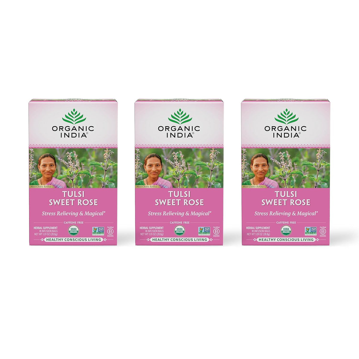 ORGANIC INDIA Tulsi Sweet Rose Herbal Tea, Holy Basil Leaf, 18 Bags, 3 Pack