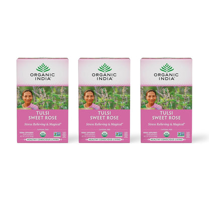 ORGANIC INDIA Tulsi Sweet Rose Herbal Tea, Holy Basil Leaf, 18 Bags, 3 Pack
