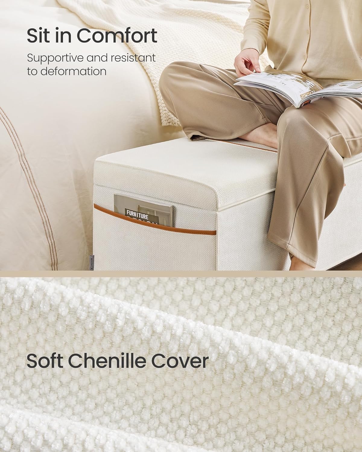 SONGMICS Storage Ottoman Bench, Foot Rest with Legs, 15.7 x 43.3 x 15.7 Inches, End of Bed Bench, Storage Chest, Load up to 660 lb, for Living Room, Bedroom, Entryway, Dark Gray ULSF088G01