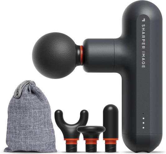 Sharper Image Deep Tissue Percussion Massage Gun, Powerboost Move Evo Hot & Cold Rechargeable Handheld Massager, 4 Adjustable Speeds, 5 Attachment Heads & Carrying Case, for Muscle Pain Relief, Blue