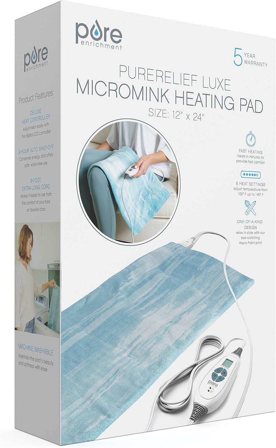 Pure Enrichment PureRelief Express Designer Series Electric Heating Pad - 12” x 15” Fast-Heating with 4 Heat Settings, Machine-Washable Fabric, & 2-Hour Auto Safety Shut-Off - Cerulean Diamond