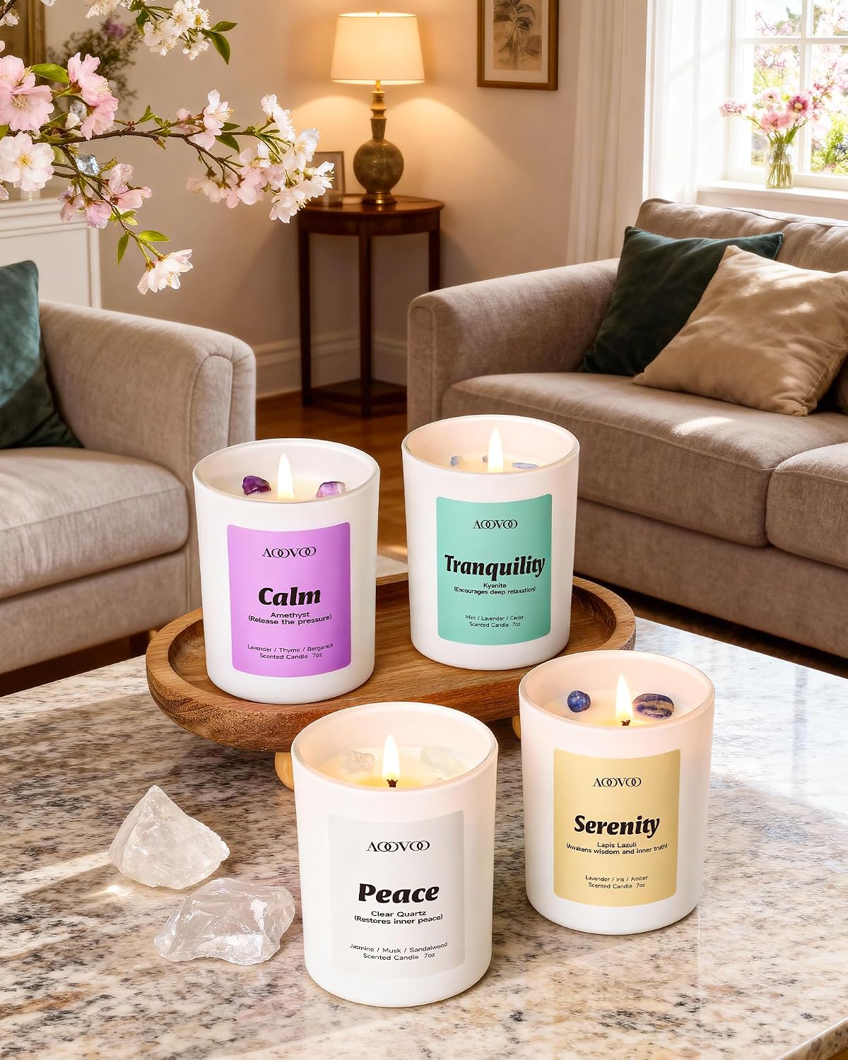 AOOVOO Calm Candles Set for Women - 4 Pack Candles for Home Scented, 28 oz 200 Hour Burn, Aromatherapy Candle with Crystals, Lavender Calm/Jasmine Serenity/Water Lily Pear Harmony/Patchouli Balance