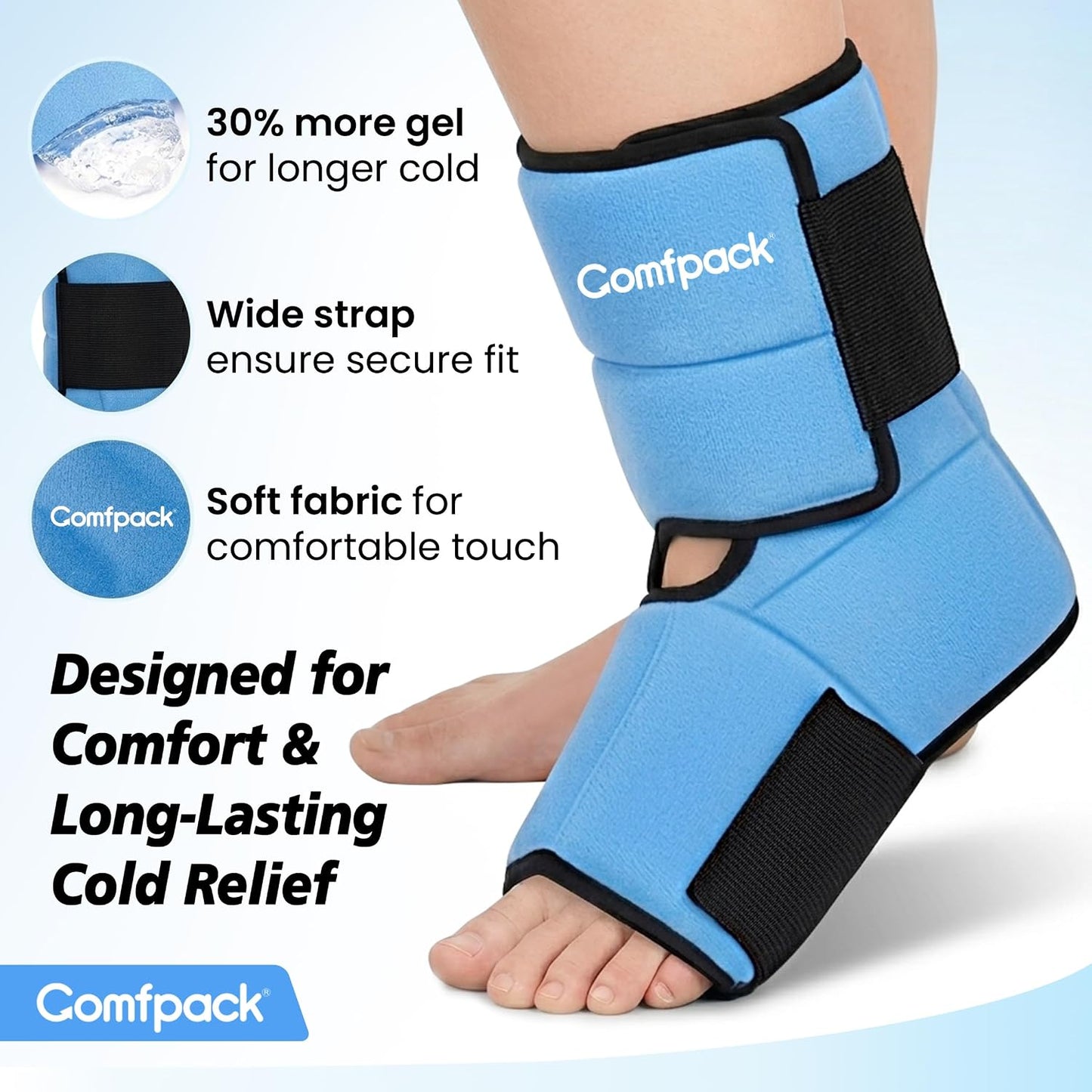 Comfpack Ankle Foot Ice Pack Wrap for Sprained Ankle/Surgery Recovery, 30% More Gel Cold Compression Therapy with Sectional Design for Plantar Fasciitis, Swelling, Achilles Tendonitis, FSA Eligible
