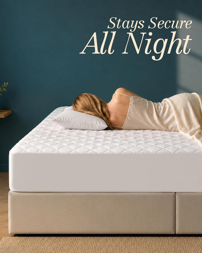 Quilted Fitted Mattress Pad, Queen Mattress Protector Topper with Deep Pocket Stretches up to 16 Inches, Machine Washable Mattress Cover by Utopia Bedding (White)