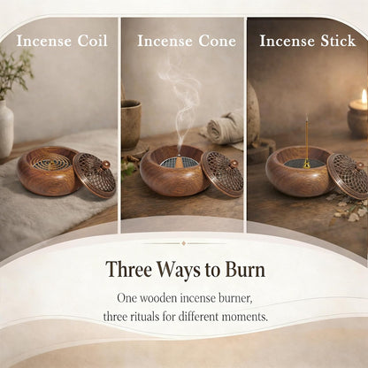 Acacia Wood Incense Burner for Cones & Coils, with Sticks Holder
